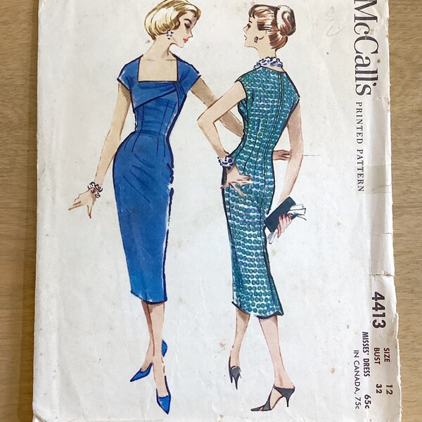 Vintage Mad Men 1950s Form-Fitting Sheath Wiggle Dress w/ Draped Square Neckline Midcentury Sewing Pattern - McCalls 4413, Sz 12