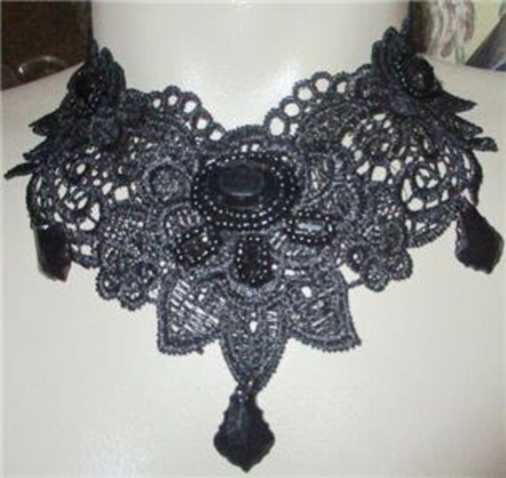 Custom Made Black Lace Necklace with Glass Beaded… - image 1