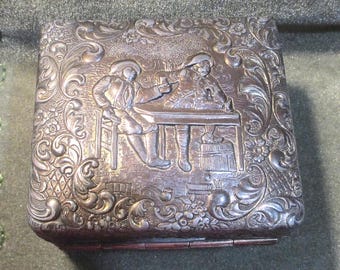 Vintage Tavern Scene Metal Jewelry Trinket or Tobacco Box