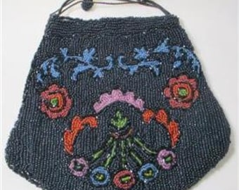 Victorian Black with Multi Color Design Vintage Beaded Bag from Belgium