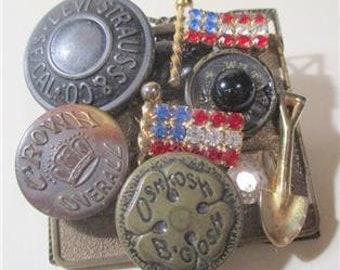 Workers Buttons and Rhinestone Flags Labor Day Brooch