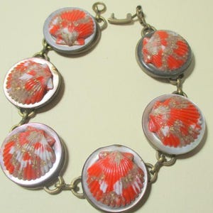 May include: A vintage bracelet featuring six circular links, each with a seashell design. The seashells are primarily orange and white, with gold accents, set in a silver-toned metal. The bracelet is connected by small, antique-gold colored chain links.