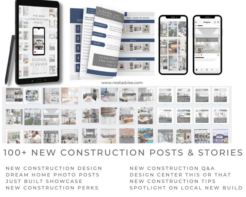 May include: A collage of images showcasing 100+ new construction posts and stories. The images feature various stages of home construction, including interior and exterior shots. The text "100+ NEW CONSTRUCTION POSTS & STORIES" is displayed at the bottom of the collage.