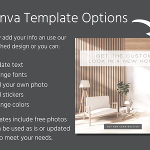 May include: A Canva template for a new home construction advertisement. The template features a white couch in a modern living room with wood paneling and a text overlay that reads "Get the custom look in a new home".
