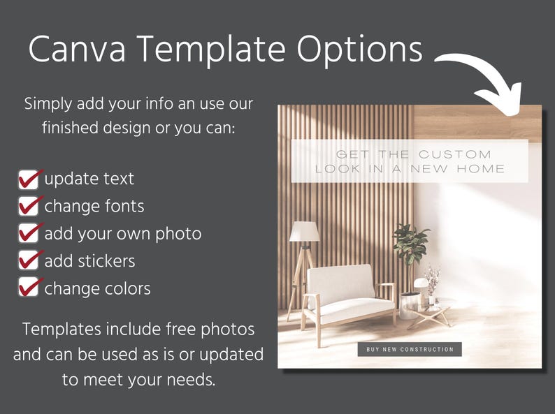 May include: A Canva template for a new home construction advertisement. The template features a white couch in a modern living room with wood paneling and a text overlay that reads "Get the custom look in a new home".