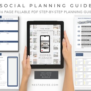 May include: A digital planner for social media marketing with a blue and white color scheme. The planner includes a guided planner for new construction posts, a hashtag planner, and a social post tracker. The text "The New Construction Posts" and "Guided Planner" are visible on the screen.