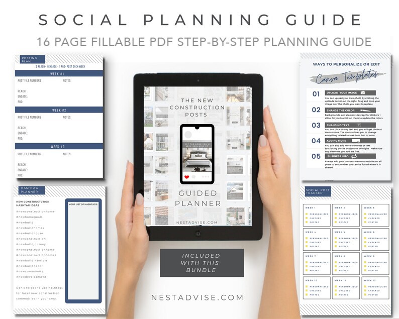 May include: A digital planner for social media marketing with a blue and white color scheme. The planner includes a guided planner for new construction posts, a hashtag planner, and a social post tracker. The text "The New Construction Posts" and "Guided Planner" are visible on the screen.