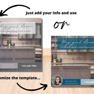 May include: A customizable template for a real estate advertisement featuring a kitchen with gray cabinets and a stainless steel sink. The text reads "Buy your dream" and "New Construction Home".