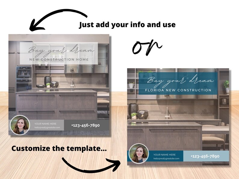 May include: A customizable template for a real estate advertisement featuring a kitchen with gray cabinets and a stainless steel sink. The text reads "Buy your dream" and "New Construction Home".