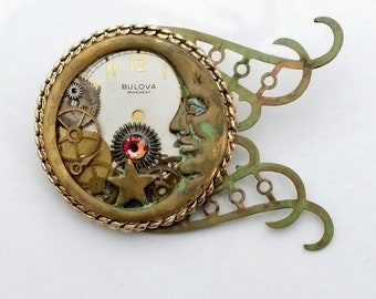 Moon Brooch, Moon Pin, Watch Part Brooch, Watch Part Pin, Watch Face Pin, Watch Face Brooch, Sun Moon Stars, Steampunk Brooch, Steampunk Pin