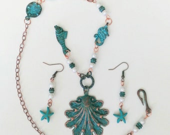 Shell Necklace, Seashell Necklace, Beach Necklace, Summer Jewelry, Ocean Necklace - with Earrings