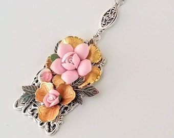 Rose Necklace, Flower Necklace, Necklace, Pink Necklace, Silver Necklace, Pendant Necklace, Mixed Metal Necklace, Made in Maine