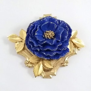 Brooch, Flower Brooch, Flower Pin, Blue Flower Pin, Blue Rose Pin, Blue and Gold Pin, Navy Blue Pin, Dark Blue Pin, Dark Blue Rose
