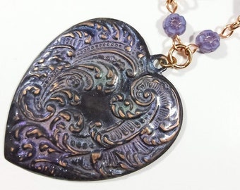 Heart Necklace, Heart Pendant, Pendant Necklace, Big Heart Necklace, Purple Necklace, Victorian Style Heart, Black Heart, Multi-Color Heart