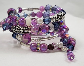 Bracelet, Memory Wire Bracelet, Purple Bracelet, Violet Bracelet, Silver Bracelet, Cuff Bracelet, Bracelet Set, Bracelet with Earrings, Gift