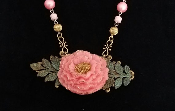 Pink Rose Necklace, Rose Necklace, Flower Necklace, Vintage Beads, Flower Jewelry