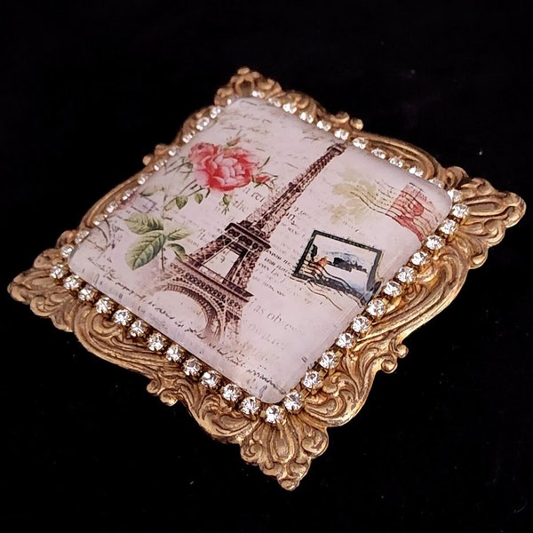 Paris Brooch, Paris Pin, Eiffel Tower Brooch, Eiffel Tower Pin, Square Brooch, Square Pin, Rhinestone Brooch, Rose Brooch, City of Lights