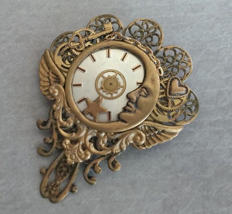 Moon and Watch Part Brooch, Watch Part Pin Brooch, Watch Face Pin, Moon ...