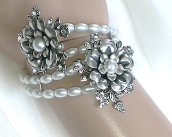Silver Bracelet, Pearl Bracelet, Wedding Bracelet, Bridal Bracelet, Wedding Jewelry, Wrap Bracelet, Silver and Pearl, Bracelet