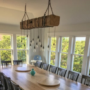 Rustic Reclaimed Wood Beam Light Fixture w/Hanging Brackets. Handmade Farmhouse Style Barn Wood Lighting