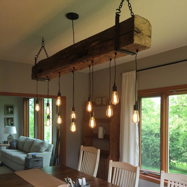 Reclaimed Barn Beam Light Fixture w/ metal brackets and lights through the beam. Rustic Farmhouse Restaurant Bar Chandelier