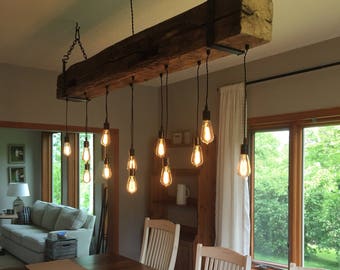 Rustic Chandelier 60" Reclaimed Barn Beam Light Fixture w/ metal brackets and LED Edison Lights running through the beam