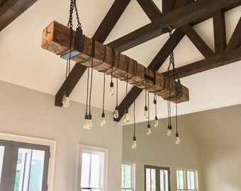 Rustic Chandelier Light Fixture . Reclaimed Wood Beam 72" long with metal hanging brackets and wrapped LED Edison lights