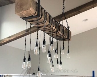 Rustic Reclaimed Wood Beam Light Fixture w/Hanging Brackets. Handmade Farmhouse Style Barn Wood Lighting