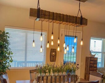 Farmhouse Chandelier 60" Reclaimed  Barn Beam Light Fixture w/ metal brackets and LED Edison bulbs.  Rustic Industrial Chandelier