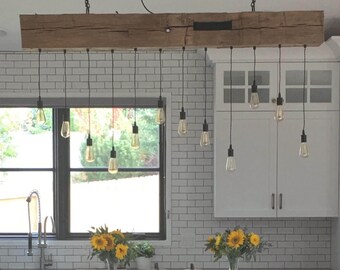 Rustic Wood Beam Chandelier with LED Edison Bulbs.  48" rustic farmhouse light fixture