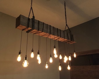 Wood Beam Light Fixture w/  Edison Bulbs and Hanging Brackets. Rustic Farmhouse Style Reclaimed Barn Wood Lighting