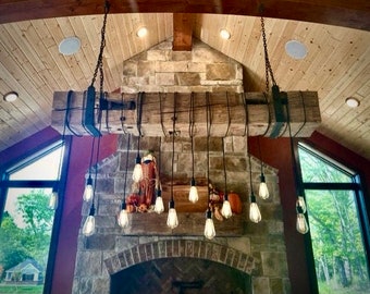 Rustic Reclaimed Wood Light Fixture w/  Edison Bulbs and Hanging Brackets  Farmhouse Style Chandelier