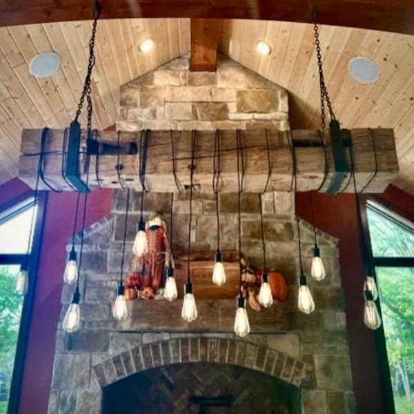 Rustic Reclaimed Wood Light Fixture w/  Edison Bulbs and Hanging Brackets  Farmhouse Style Chandelier
