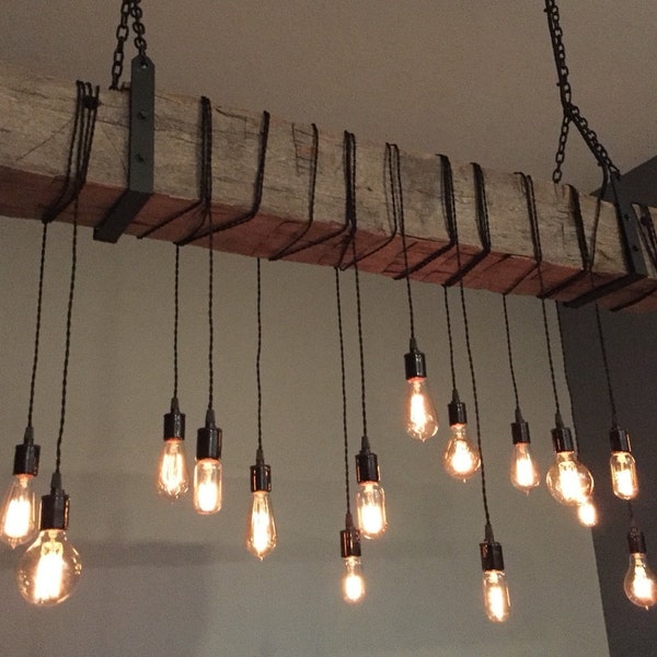 Rustic Reclaimed Wood Light Fixture w/  Edison Bulbs and Hanging Brackets  Farmhouse Style Chandelier