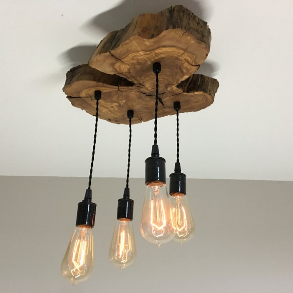 Modern Live-Edge Olive Wood Light Fixture with (4) Lights -  Rustic Industrial Chandelier*