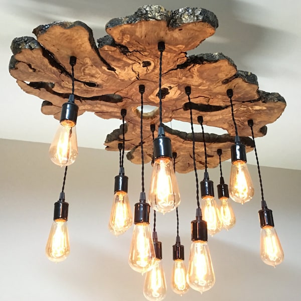 Large Live Edge Olive Wood Slab Chandelier Light Fixture  Modern/Industrial/Rustic/Earthy