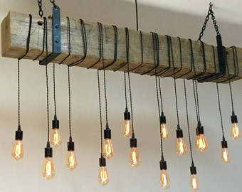 Reclaimed Wood Beam Light Fixture Chandelier with hanging brackets and Wrapped LED Edison Bulbs 72" long beam - Modern Industrial Farmhouse