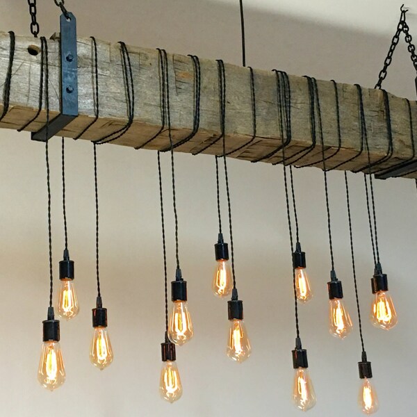 Reclaimed Wood Beam Light Fixture Chandelier with hanging brackets and Wrapped LED Edison Bulbs 72" long beam - Modern Industrial Farmhouse