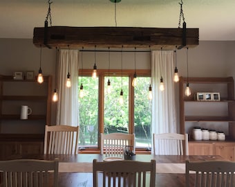 Rustic Chandelier 60" Reclaimed Barn Beam Light Fixture w/ metal brackets and lights running through beam  Commercial Restaurant Chandelier