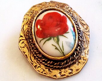 1960'S PORCELAIN FLOWER BROOCH! Signed Peri! Gorgeous! Hand Painted China Floral Motif Pin/Accessory! Endearing Red Rose! Gold Tone Setting.