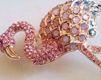 FLAMINGO RHINESTONE BROOCH! Adorable Figural, Animal, Bird, Pin/Accessory! Fabulous Sparkling-Truly Brilliant-Pink Crystals. Rose Gold Tone.