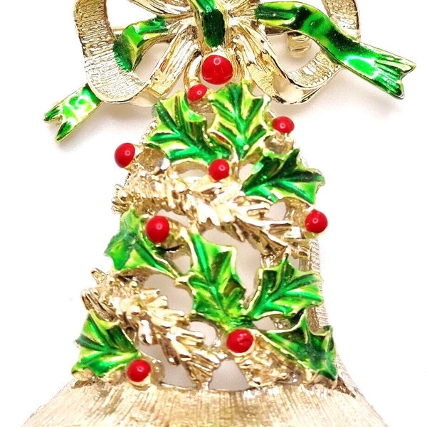 1950'S GERRY'S CHRISTMAS BROOCH! Signed! Winter, Bell, Holly Berry, Bow Motif. Beautiful, Bright & Elegant Enamel!Yellow Gold Tone Setting.