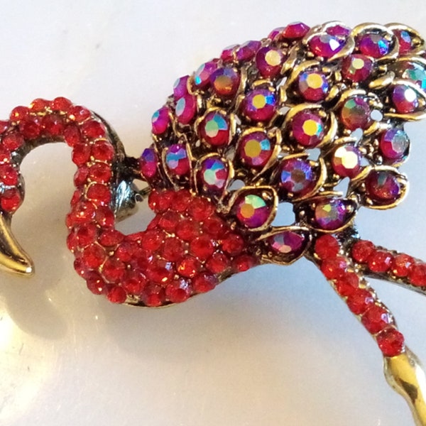 FLAMINGO RHINESTONE BROOCH! Adorable Figural, Animal, Bird, Pin/Accessory! Fabulous-Truly Brilliant-Red & A B Crystals. Antique Gold Tone.