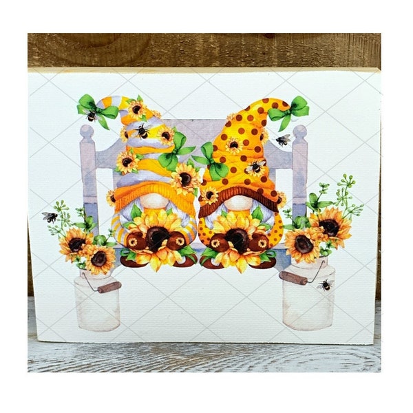 Gnomes on Bench with Sunflowers Wooden Design Wood Block Mini Sign 5x4 - Tiered Tray - Farm Style-Fall  Accent  Decoration - No. 615