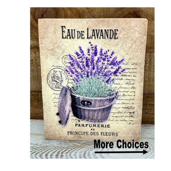 Lavender in Wicker Basket Vintage Design Wood Block Mini Sign 4 x 5-Tiered Tray-Shabby Chic French Style  Accents -Shelf Decoration-No. 648