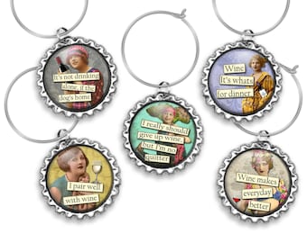 Vintage Wine Glass Charms: Sassy Ladies Sayings, Set of 5--No. 64