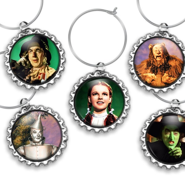 Wizard of Oz Characters - Dorothy, Tin Man, Scarecrow, Lion, Witch - Set of 5 Wine Glass Charms  -  No. 83