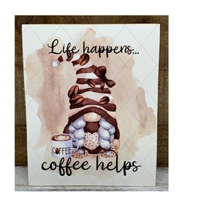 Gnome and Coffee Wood Block Sign: Tiered Tray Decor (4x5)--No. 508