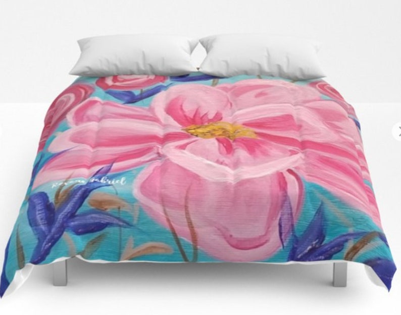 Pink Flower Comforter Pink Blue Comforter Floral Comforter Etsy