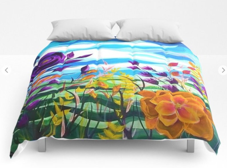 Bright Flower Comforter Orange And Blue Comforter Floral Etsy